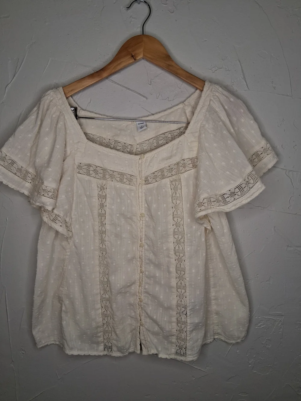 Old Navy Boho Swiss Dot Lace Trim Flutter Sleeve Blouse Cream Sz M Peasant - Picture 2 of 10